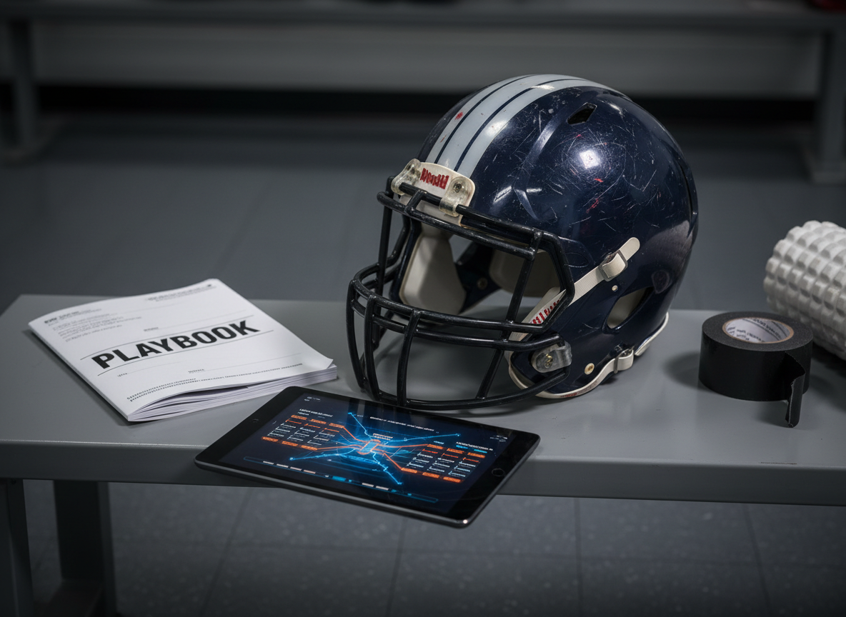 A close-up, photographic realism shot of a worn but pristine NFL-style football helmet resting on a metal locker room bench, with a neatly folded playbook and tablet beside it displaying an abstract depth chart. The helmet’s glossy shell shows subtle scuffs and paint transfer, hinting at recent contact. In the blurred background, a taped ankle brace and foam roller sit on a rubberized floor, suggesting injury rehab without showing any people. Overhead fluorescent lights cast strong, directional light, creating bold reflections on the helmet and crisp shadows beneath the gear. Shot at eye level with a shallow depth of field, the mood is intense, urgent, and analytical, perfectly framing fantasy football injury news and roster decision-making.