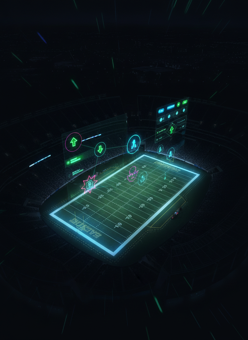 A nighttime aerial, photographic realism view looking down at a dimly lit NFL-style stadium, with one end zone glowing brighter to symbolize a key injured star’s absence. The stands are mostly dark, and the field markings and hash lines stand out under selective spotlights. On a transparent, holographic-style overlay above the field, abstract icons indicate player locations, injury symbols, and fantasy impact tiers, all purely graphical with no text. Cool blue and electric green tones dominate, with sharp contrast against the black sky. The camera angle is high and slightly tilted, adding dynamic tension. The mood is analytical and futuristic, capturing the macro strategy of navigating injuries at a season-long fantasy level.