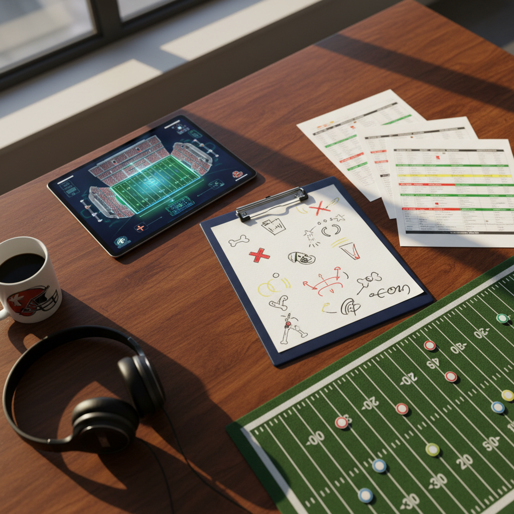 An overhead, photographic realism scene of a polished wooden desk covered with fantasy football preparation materials: a detailed stadium diagram on a tablet, color-coded depth charts on paper, and a miniature NFL-style field with magnetic position markers. A prominent clipboard in the center shows abstract injury status icons and arrows, no text. To the side, a pair of sleek over-ear headphones rests near a sports-themed coffee mug. Late-afternoon window light pours in from the left, creating long, dramatic shadows across the desk and a bold, strategic atmosphere. The composition uses asymmetrical balance, with sharp focus on the injury board and subtle bokeh on the stadium displayed in the tablet background, evoking high-stakes fantasy roster planning.