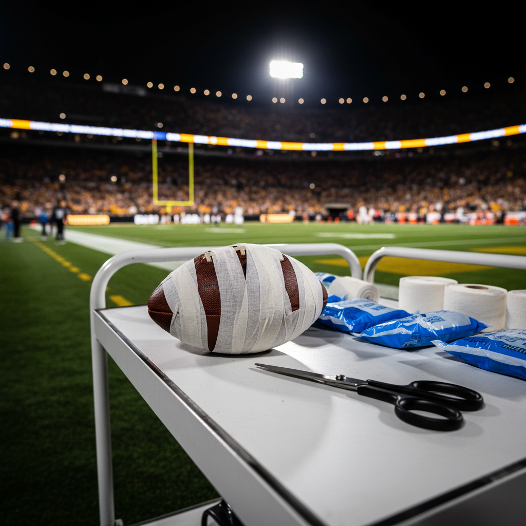 A dramatic, photographic realism sideline equipment scene at night, focusing on a solitary, taped-up football resting on a white medical cart. Next to it are elastic bandages, cold packs, and a pair of scissors arranged in precise order, symbolizing game-changing injuries without depicting people. In the distance, a brightly lit stadium looms out of focus, with illuminated yard lines and goalposts visible through strong bokeh. Powerful stadium floodlights create high-contrast lighting, with bright highlights on the metal cart edges and deep shadows beneath. Shot from a low-angle perspective to emphasize the football and medical gear, the mood is tense and bold, perfect for illustrating breaking injury updates that impact fantasy matchups.